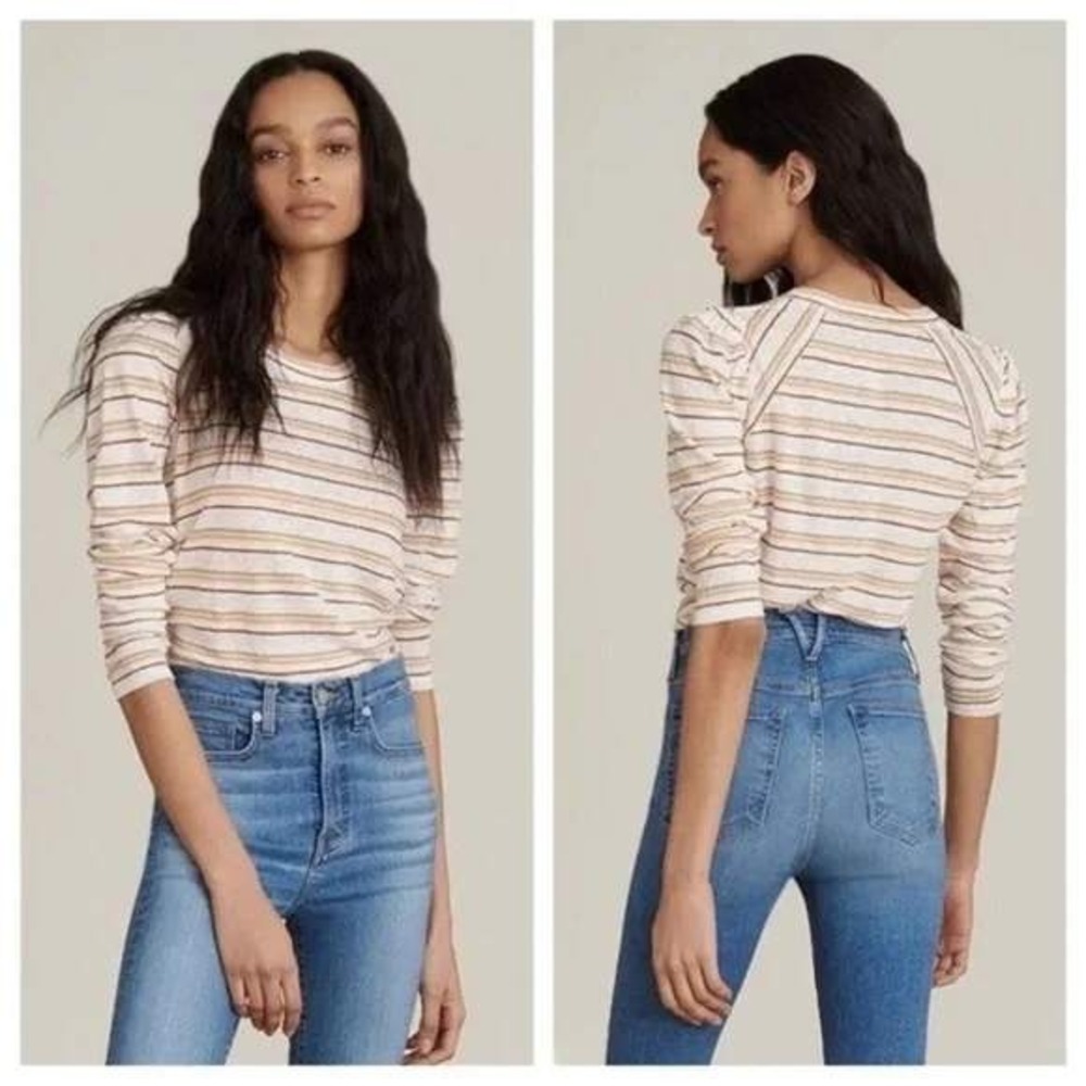 Veronica Beard Jeans 100% Linen Striped Puff Sleeve Tee - Size S